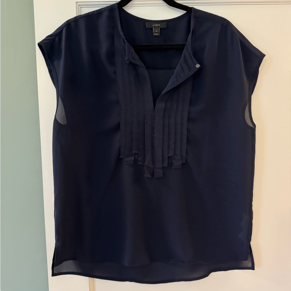 J. Crew Dark Navy Pleated Front Cap-Sleeve Top